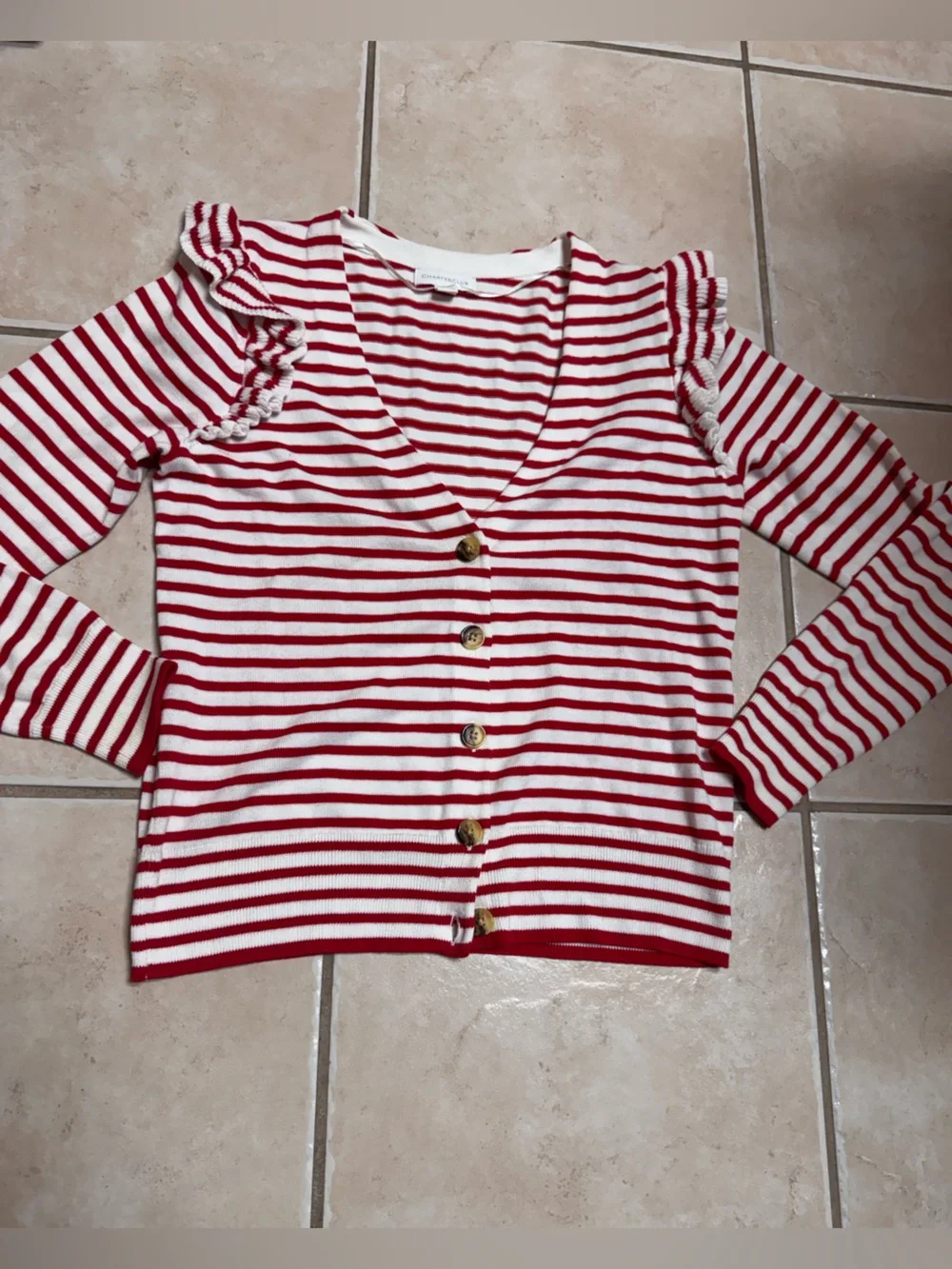 Charter Club Women’s Sail Away Red and White Striped Ruffle Shoulder Cardigan
